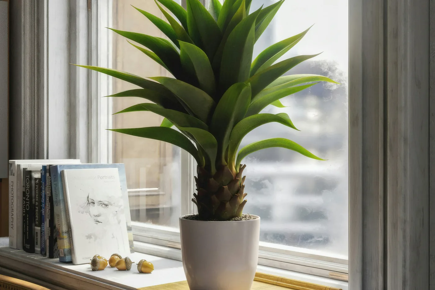 Yucca (Yucca elephantipes) in a white pot on a windowsill, stiff pointed leaves
